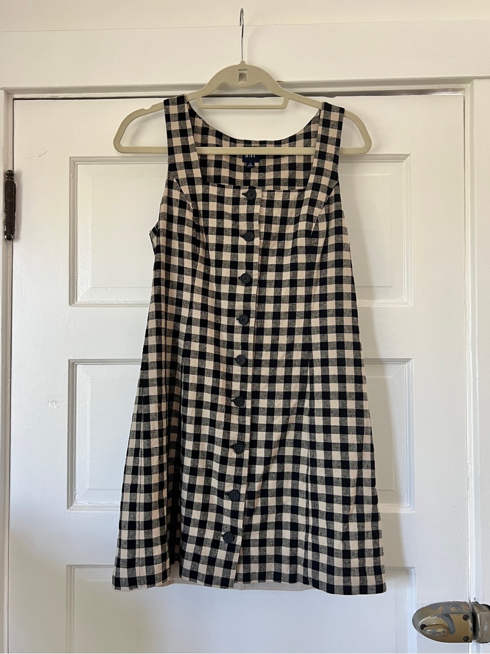 GAP NWOT linen blend tan black gingham sleeveless button mini shift dress S